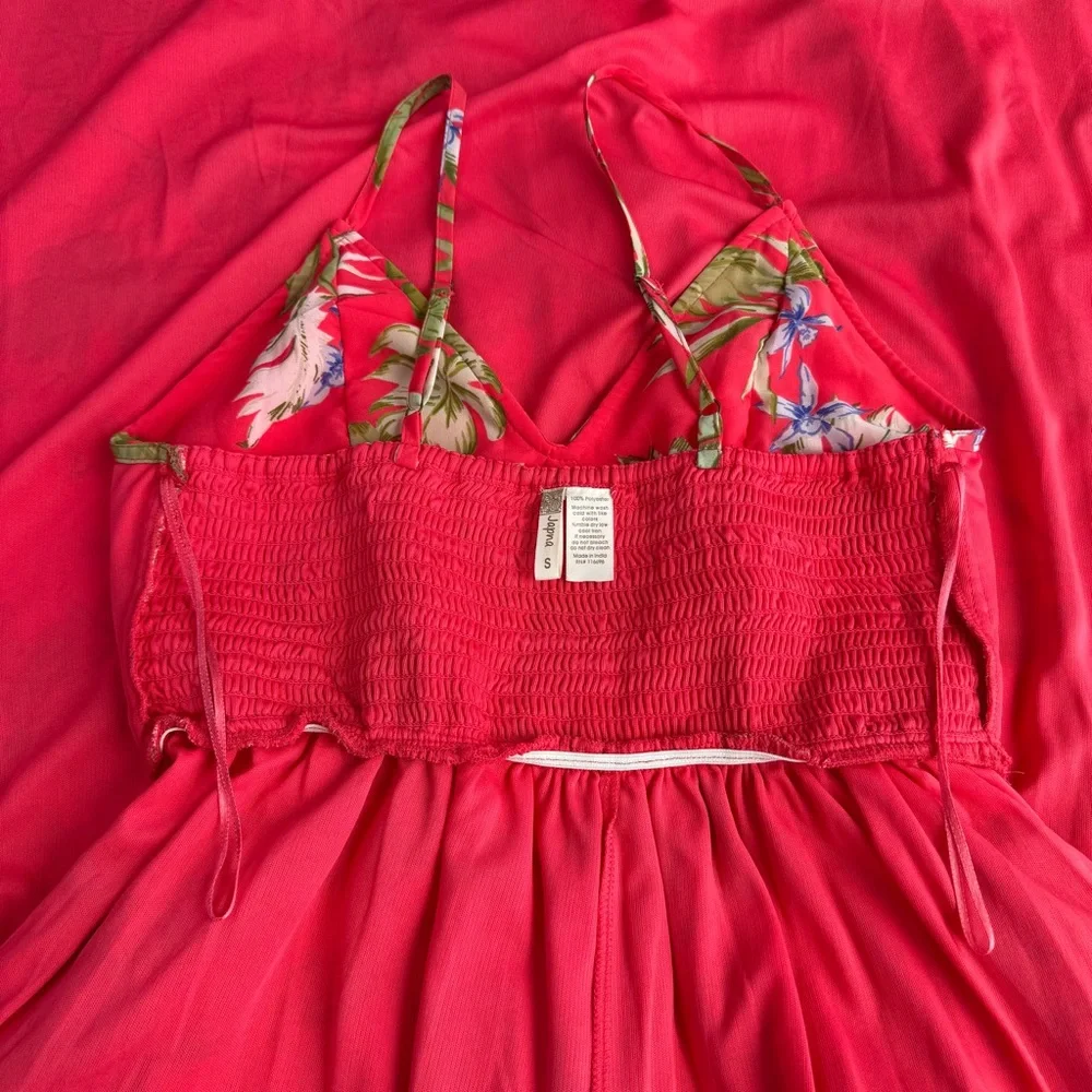 JAPNA V Neck Floral Maxi Dress S‎ Tropical Leaf Red Green Smocked Back